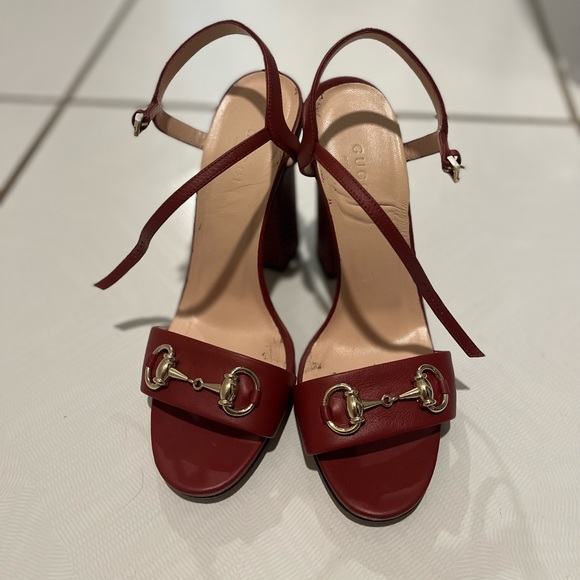 Gucci Shoes Gucci Horsebit Red Leather Ankle Strap Block High Heel Sandals